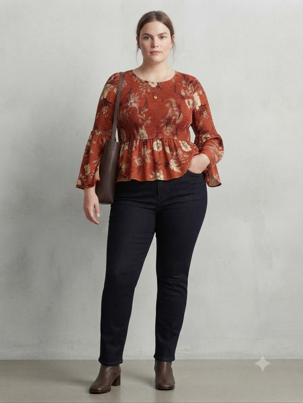 Torrid Plus Size 0 Rust Orange Floral Smocked Bell Sleeve Babydoll Peplum Blouse